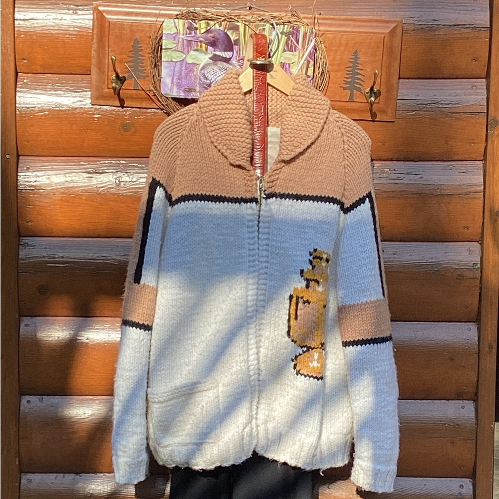 🛻 Vtg Handknit Cowichan Inspired Zip Cardigan Sweater Truck UNISEX LG/XL. EVC